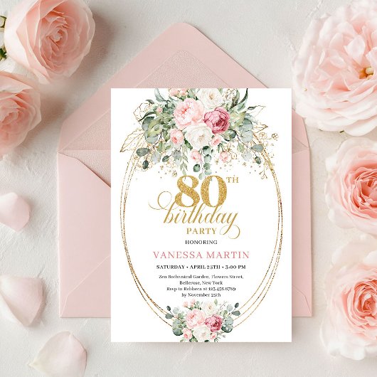 Sophisticated Bohemian Blush Roses 80th Birthday 招待状