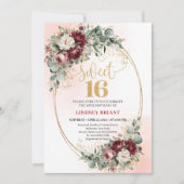Sophisticated Bohemian Burgundy Floral Sweet 16  招待状 (正面)