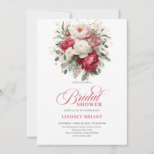 Sophisticated Bohemian Red White Floral Greenery 招待状 (正面)