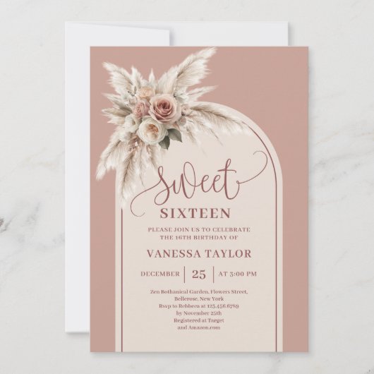 Sophisticated Boho Arch Pastel Pink Pampas Floral  招待状 (正面)