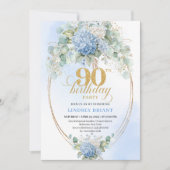 Sophisticated Boho Blue Floral Gold 90th Birthday 招待状 (正面)