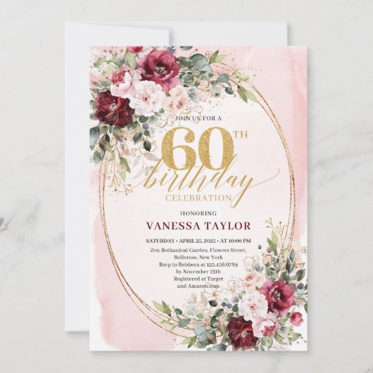 Sophisticated Boho Blush Gold 60th Birthday Invite 招待状 (正面)