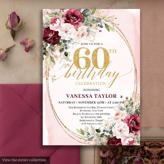 Sophisticated Boho Blush Gold 60th Birthday Invite 招待状