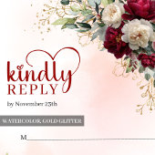 Sophisticated Boho Burgundy White Floral Gold Wedd 出欠カード