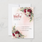 Sophisticated Boho Burgundy White Floral Gold Wedd 出欠カード (正面)