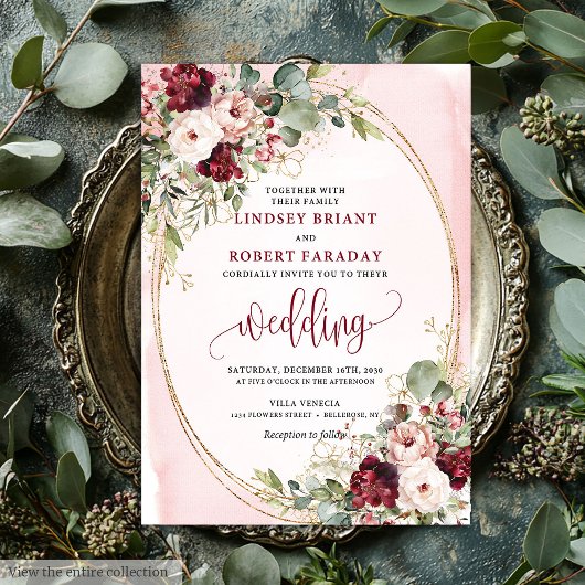Sophisticated Boho Maroon Blush Gold Floral Invite 招待状