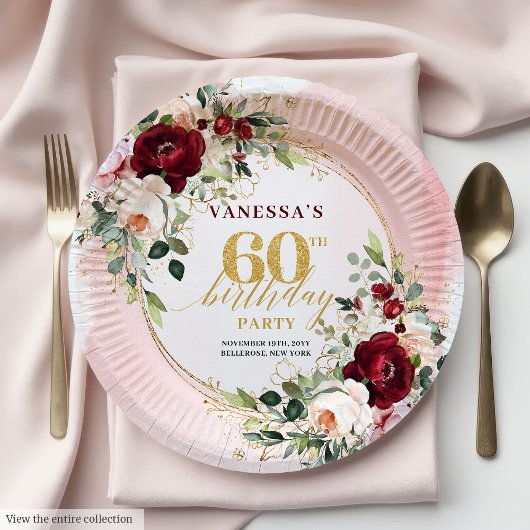 Sophisticated Boho Marsala Blush Gold Roses Plates ペーパープレート