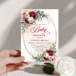 Sophisticated Boho Marsala Floral Gold Baby Shower 招待状