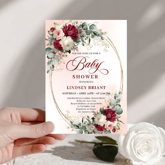 Sophisticated Boho Marsala Floral Gold Baby Shower 招待状