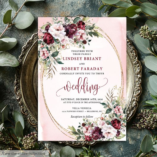 Sophisticated Boho Merlot Gold Sage Floral Wedding 招待状