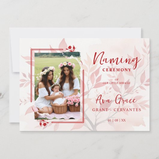 Sophisticated Botanical Red Frame Photo Naming  招待状 (正面)