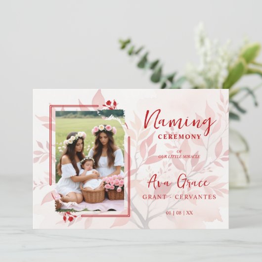 Sophisticated Botanical Red Frame Photo Naming  招待状 (スタンド正面)