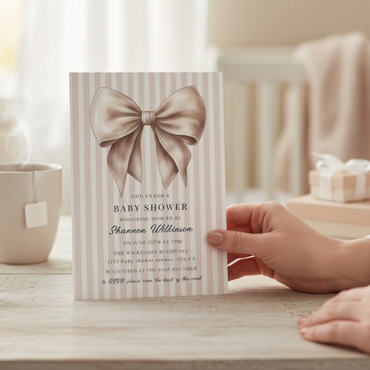 Sophisticated Bow Baby Shower Invite Neutral Strip 招待状