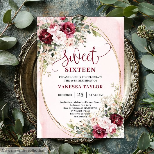 Sophisticated Burgundy Blush Sweet Sixteen Invites 招待状