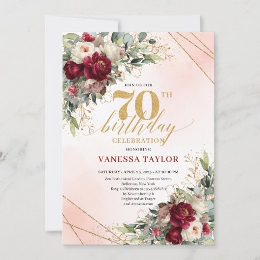 Sophisticated Burgundy Floral Boho 70th Invitation 招待状 (正面)