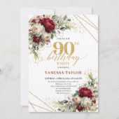Sophisticated Burgundy Floral Gold 90th Birthday   招待状 (正面)
