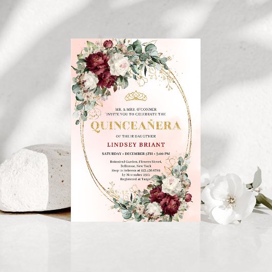 Sophisticated Burgundy Floral Gold Quince Invite 招待状