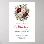 Sophisticated Burgundy Floral Gold Welcome Poster ポスター (正面)