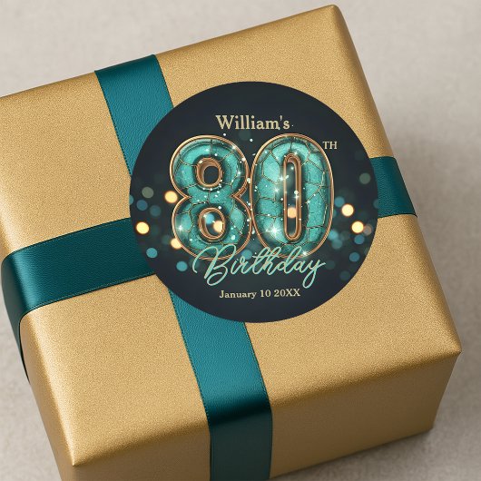 Sophisticated Chic Teal and Gold 80th Birthday ラウンドシール