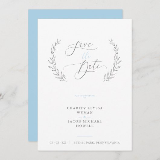 Sophisticated Classic Botanical Blue Grey Wedding (正面/裏面)