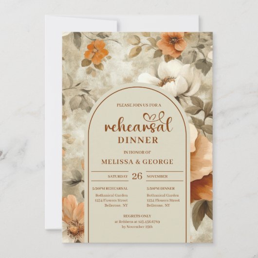 Sophisticated Copper Ivory Sage Floral Rehearsal   招待状 (正面)