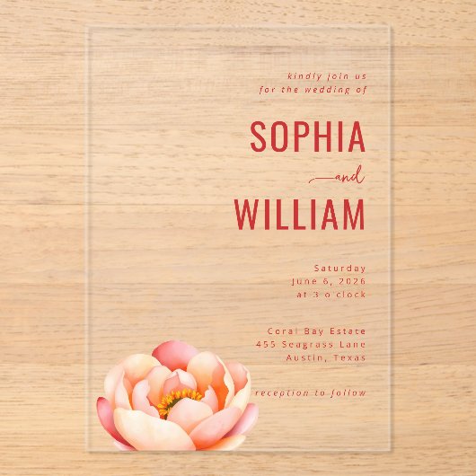 Sophisticated Coral Lotus Wedding Invitation アクリル招待状 (正面)