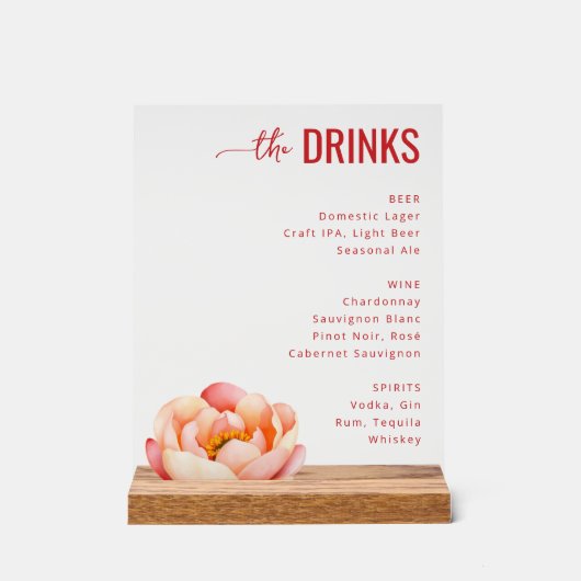 Sophisticated Coral Red Floral Menu Sign アクリルサイン (正面)