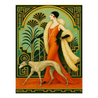 Sophisticated Deco Lady with Greyhound Poster/ ポスター