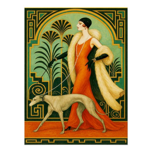 Sophisticated Deco Lady with Greyhound Poster/ ポスター (正面)