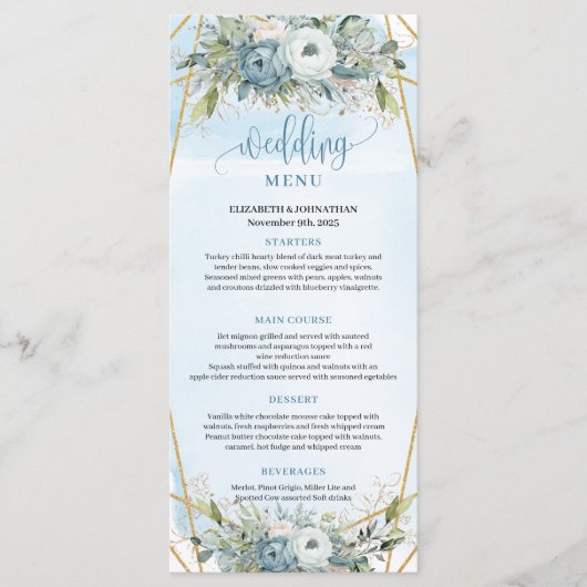 Sophisticated Dusty Blue Eucalyptus Wedding Menu メニュー (正面)