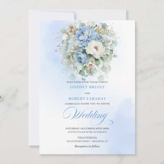 Sophisticated Dusty Blue Floral Digital Wedding 招待状 (正面)