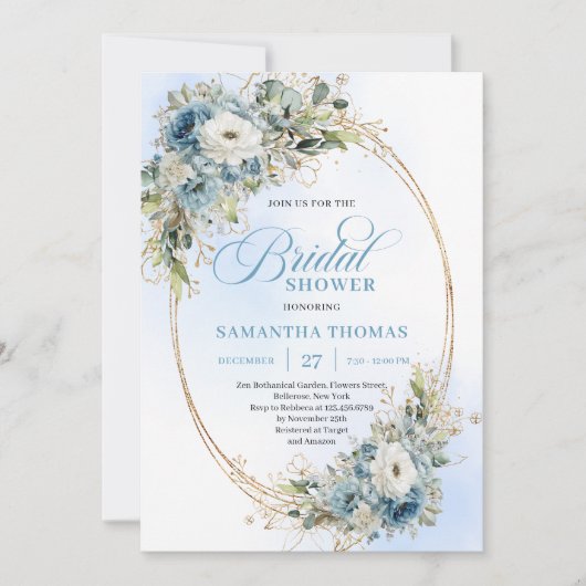 Sophisticated Dusty Blue Flowers Bridal Shower   招待状 (正面)