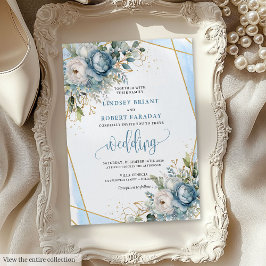 Sophisticated Dusty Blue Gold Floral Wedding  招待状