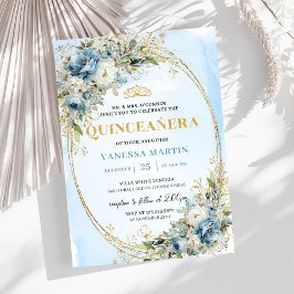 Sophisticated Dusty Blue Gold Greenery 15 Birthday 招待状