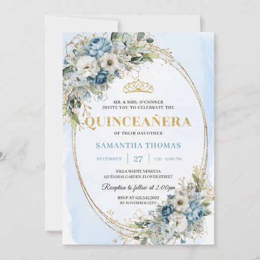 Sophisticated Dusty Blue Gold Greenery Quince 招待状 (正面)