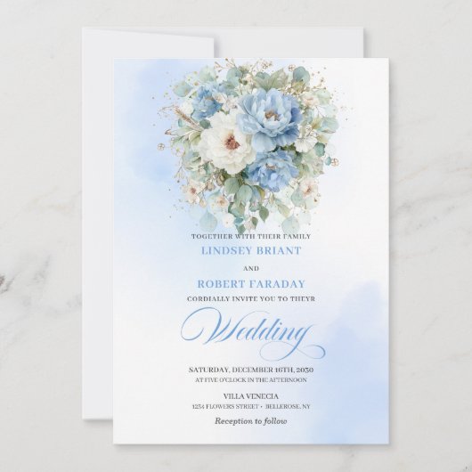 Sophisticated Dusty Blue Peony Floral Wedding 招待状 (正面)