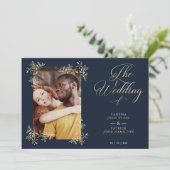 Sophisticated Elegant Flourish Navy Photo Wedding 招待状 (スタンド正面)