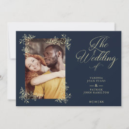 Sophisticated Elegant Flourish Navy Photo Wedding 招待状