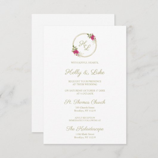 Sophisticated Elegant Pink Floral Wedding Wreath 招待状 (正面/裏面)