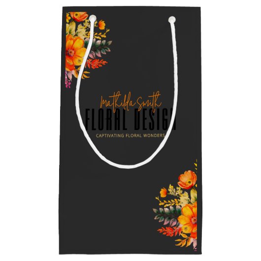 Sophisticated Floral Design Black Orange Flowers スモールペーパーバッグ (正面)