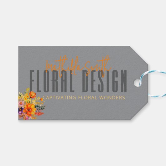 Sophisticated Floral Design Gray Orange Flowers  ギフトタグ (正面(横))