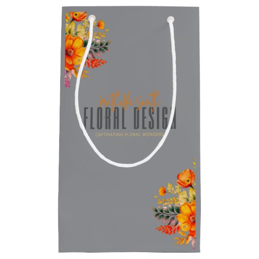 Sophisticated Floral Design Gray Orange Flowers スモールペーパーバッグ (正面)