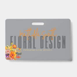 Sophisticated Floral Design Gray Orange Flowers  バッジ