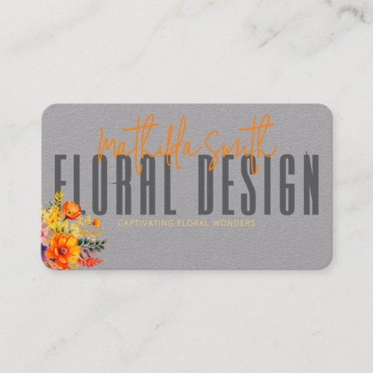 Sophisticated Floral Design Gray Orange Flowers 名刺 (正面)