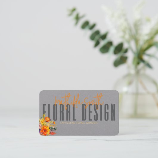 Sophisticated Floral Design Gray Orange Flowers  名刺 (スタンド正面)