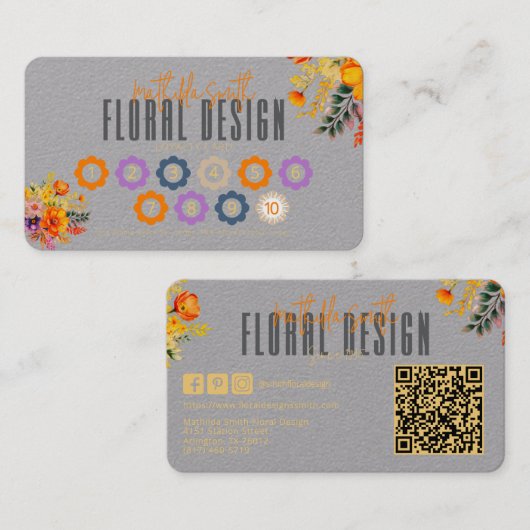 Sophisticated Floral Design Gray Orange Loyalty 名刺 (正面/裏面)