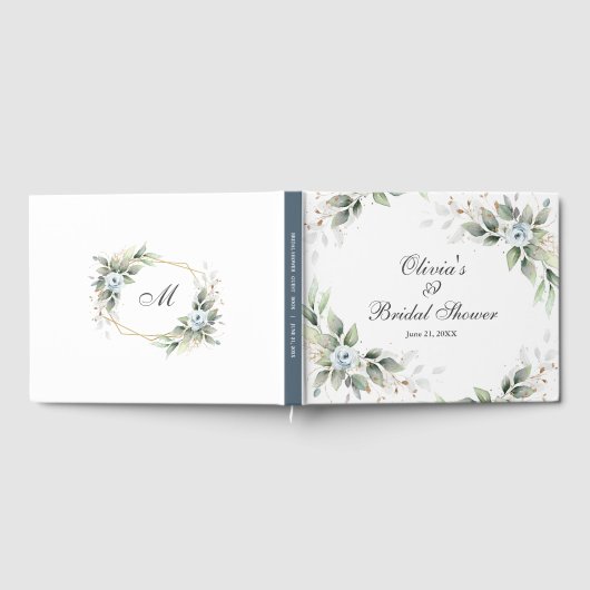 Sophisticated Floral Soft Blue Foliage Wedding Cel ゲストブック (全面)