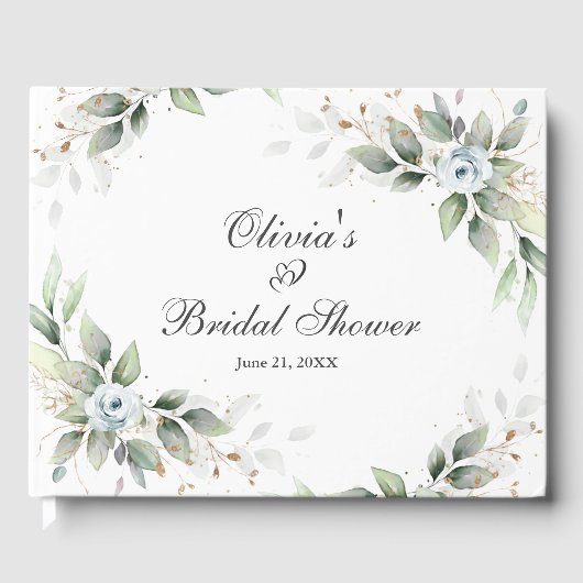 Sophisticated Floral Soft Blue Foliage Wedding Cel ゲストブック (正面)