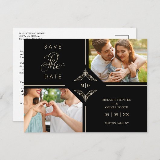 Sophisticated Flourish Wedding Initials Ornamental 案内ポストカード (正面/裏面)