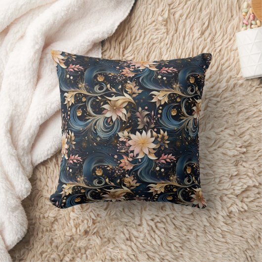 Sophisticated Gold Flowers On Navy Blue クッション (ブランケット)